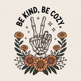 Skeleton Hand Peace Sign with Flowers