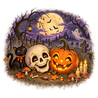 Vintage Halloween Skull & Pumpkin
