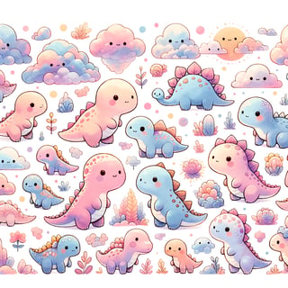 Kawaii Watercolor Cute Dinosaurs Set