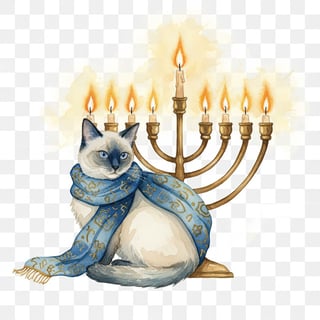 Watercolor Balinese Cat with Menorah