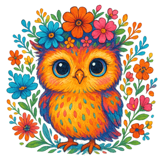 Colorful Floral Baby Owl Illustration