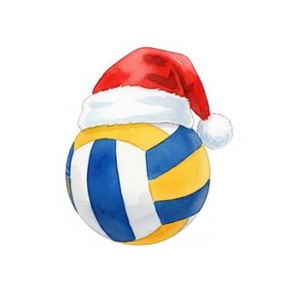 Watercolor Volleyball with Santa Hat