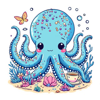 Kawaii Octopus Tea Party T-Shirt Design