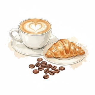 Watercolor Latte and Croissant Clipart