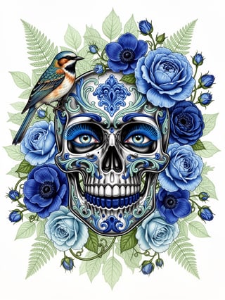 Blue Floral Metallic Skull Illustration