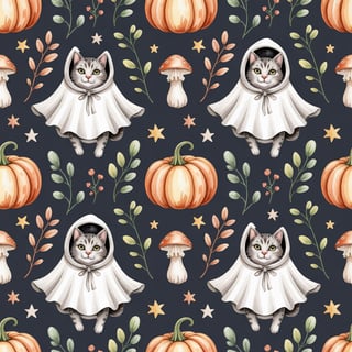 Watercolor Cats in Ghost Costumes Pattern