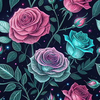 Neon Wireframe Roses Pattern