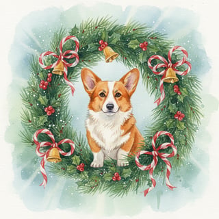 Watercolor Corgi in Christmas Wreath