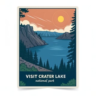 Retro Sunset Illustration of Crater Lake