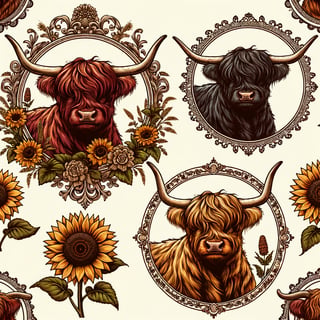 Highland Cows in Floral Vintage Frames