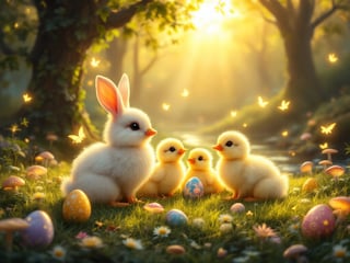 Fluffy Chicks and Rabbits in Glowing Forest