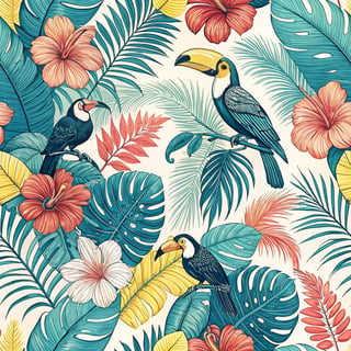Tropical Pattern with Palm Leaves and Flowers