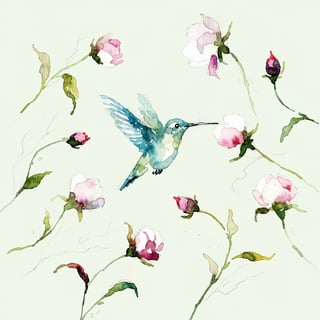 Watercolor Hummingbird with Roses