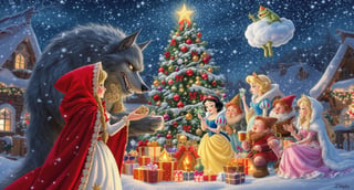 Fairy-Tale Characters in Festive Snowy Village