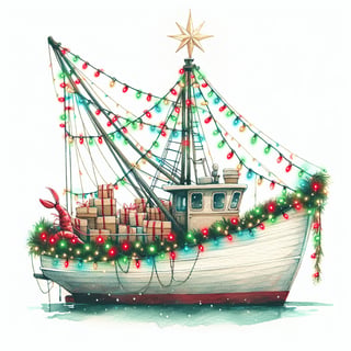 Whimsical Christmas Shrimp Boat Illustration