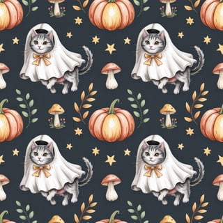 Watercolor Cats in Ghost Costumes Pattern