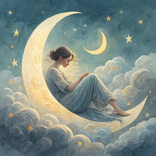 Impressionistic Woman on Crescent Moon
