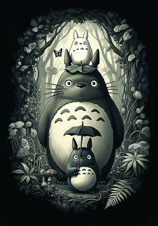 Detailed Totoro Linocut Illustration