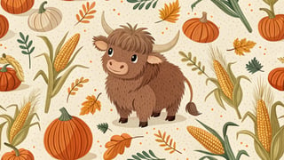 Cute Highland Cow with Fall Harvest