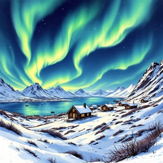 Tromso Northern Lights Watercolor Art
