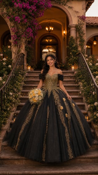 Quinceañera con tiara dorada en rancho