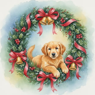 Watercolor Golden Retriever Puppy in Wreath