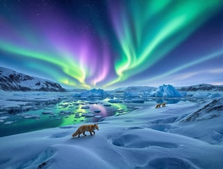 Aurora Borealis Over Polar Glacier