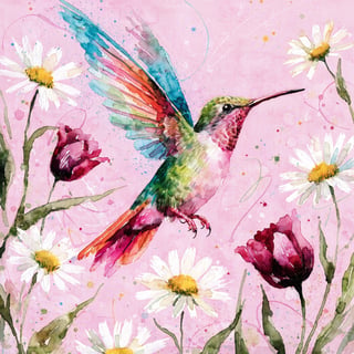 Watercolor Hummingbird and Flowers