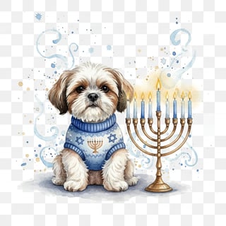 Watercolor Shih Tzu with Hanukkah Sweater