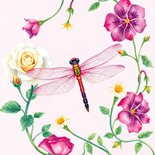 Watercolor Dragonfly and Flowers
