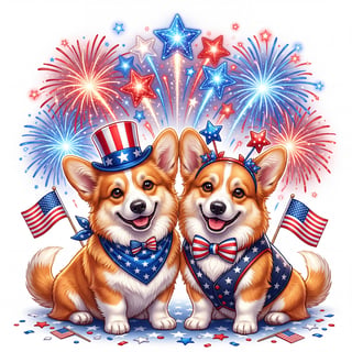 Patriotic Corgi Pair with Fireworks