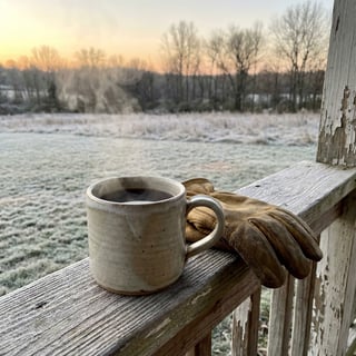 Steaming Coffee on Porch Railing