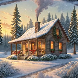 Country Christmas Cabin at Sunrise