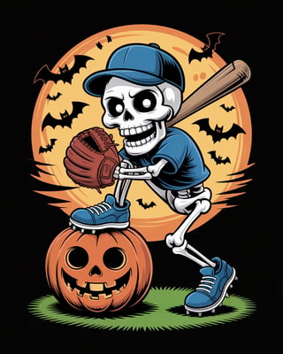 Skeleton Pitching Baseball with Pumpkin