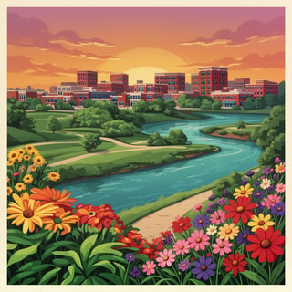 Colorful Iowa City Sunset Illustration