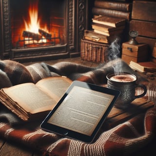 Cozy Fireplace Setup with Book and Cocoa