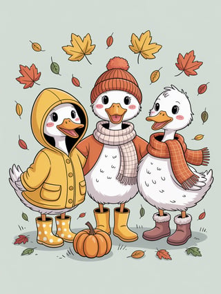 Cartoon Ducks in Autumn Attire