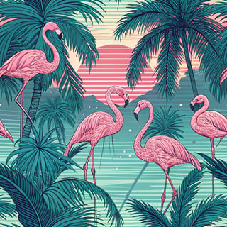 Neon Pink Flamingos Vaporwave Pattern