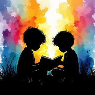Silhouette of Boys Reading Together