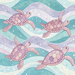 Pastel Sea Turtles on Checkerboard Waves