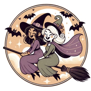 Retro Cartoon Witches on Tandem Broomstick