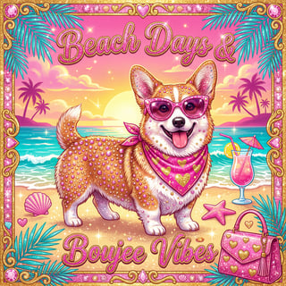 Corgi Beach Party Digital Illustration