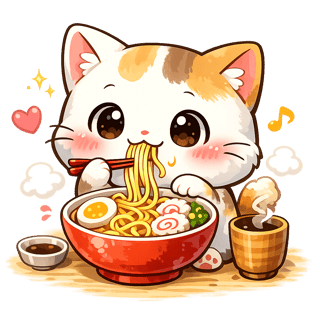 Cute Kawaii Cat Eating Noodles