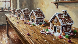 Impasto Oil Painting of Gingerbread Houses