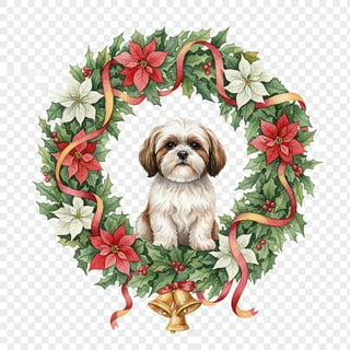Watercolor Shih Tzu in Christmas Wreath