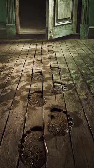 Wet Footprints on Aged Hardwood Floor