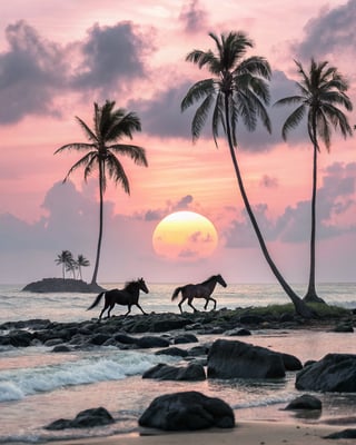 Tropical Sunset with Silhouetted Horses