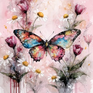 Watercolor Butterfly with Flowers