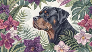 Vibrant Rottweiler with Orchids Illustration