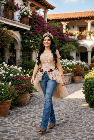 Quinceañera en jeans y botas con tiara